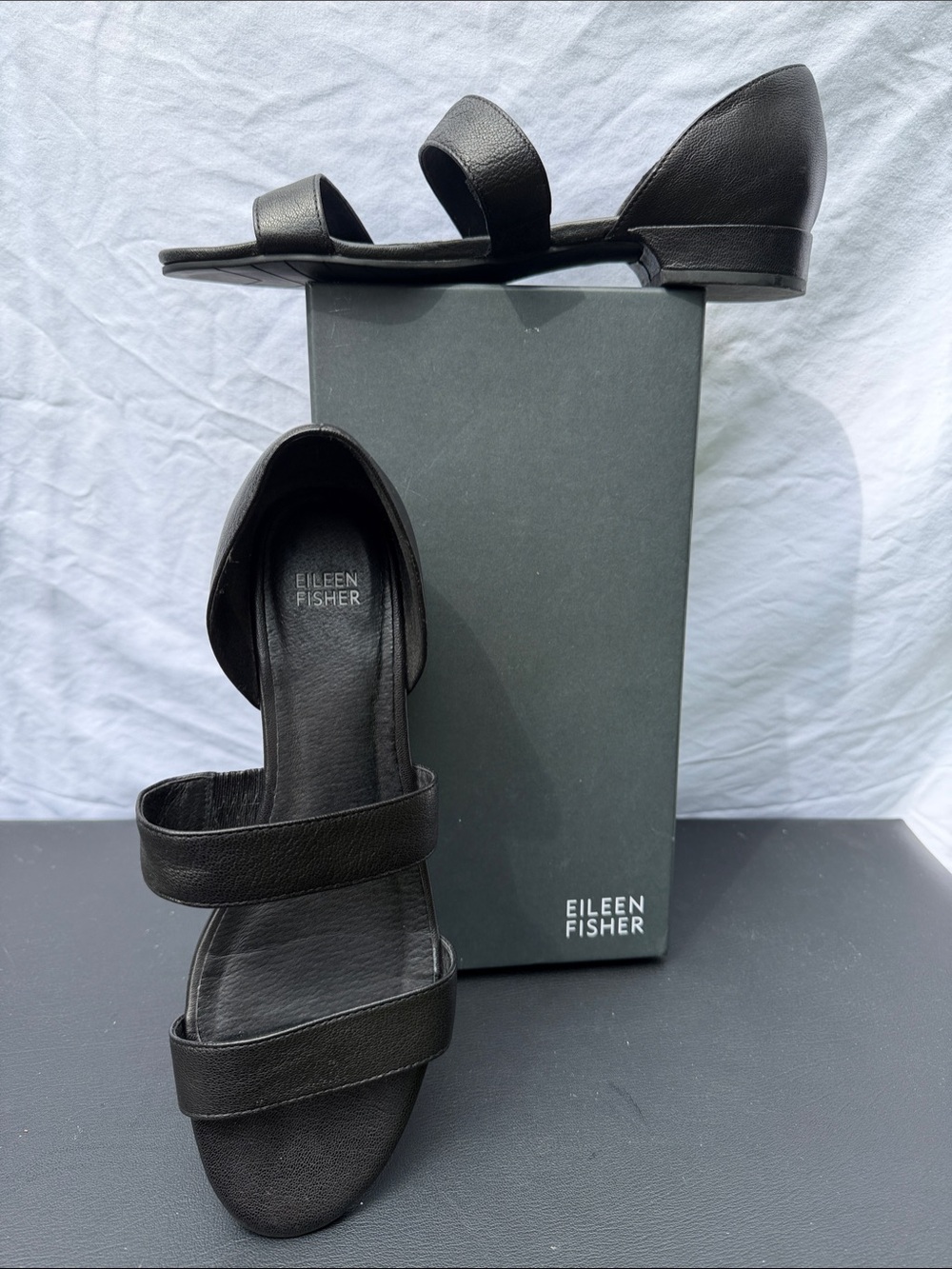 Eileen Fisher BlackTumbled Leather Double-Strap Closed Heel Sandal